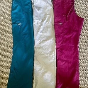 3 Pairs Cherokee Women’s Drawstring Flare Scrub Pants - Teal, Grey, Wine Med T